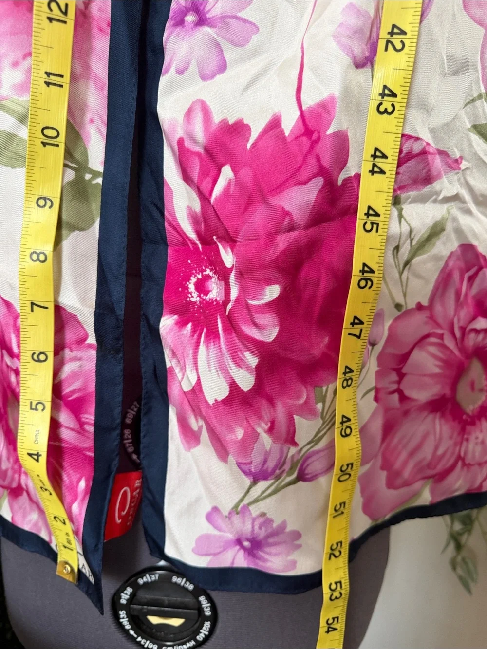 Oscar de la Renta Pink Floral Silk Scarf with Navy Trim